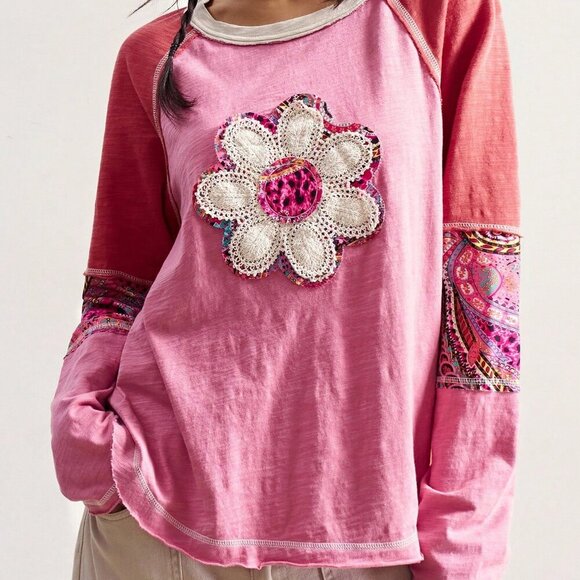 Multicolor Boho Casual Women's Long Sleeve Patchwork Graphic long sleeve T-Shirt - Picture 3 of 7